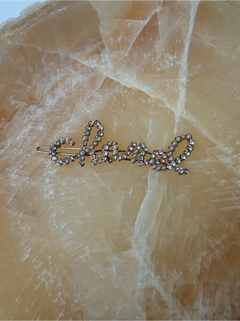 Chanel Metal Glass Swirling Pearls Hair Clip Gold